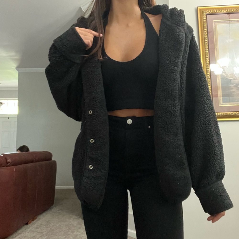 Black Fluffy Hooded Button Up Oversized Teddy Coat